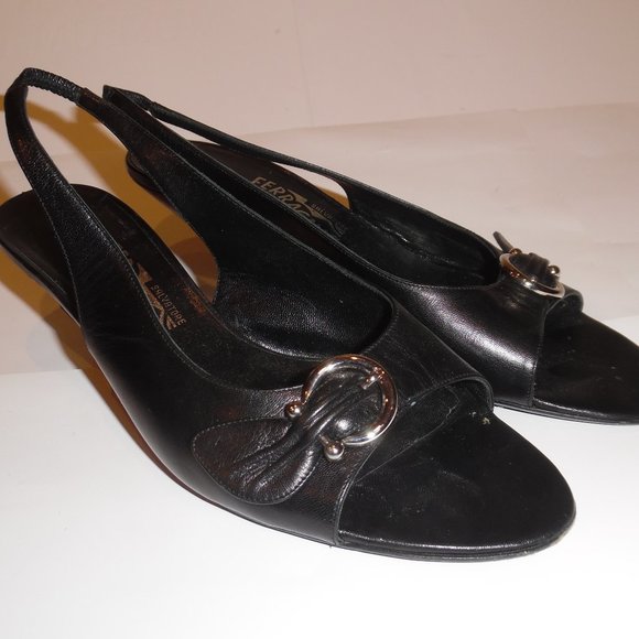 Salvatore Ferragamo Black Leather Kitten Heels Buckle Gancini Sandals Shoes - Picture 4 of 15